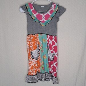 Gray and Pink Embellished Ruffled Sundress with Cap Sleeves